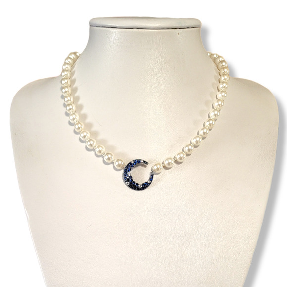 Eye Candy The Luxe Collection Blue and White CZ Moon Round Shell Pearls 18" - Picture 6 of 9
